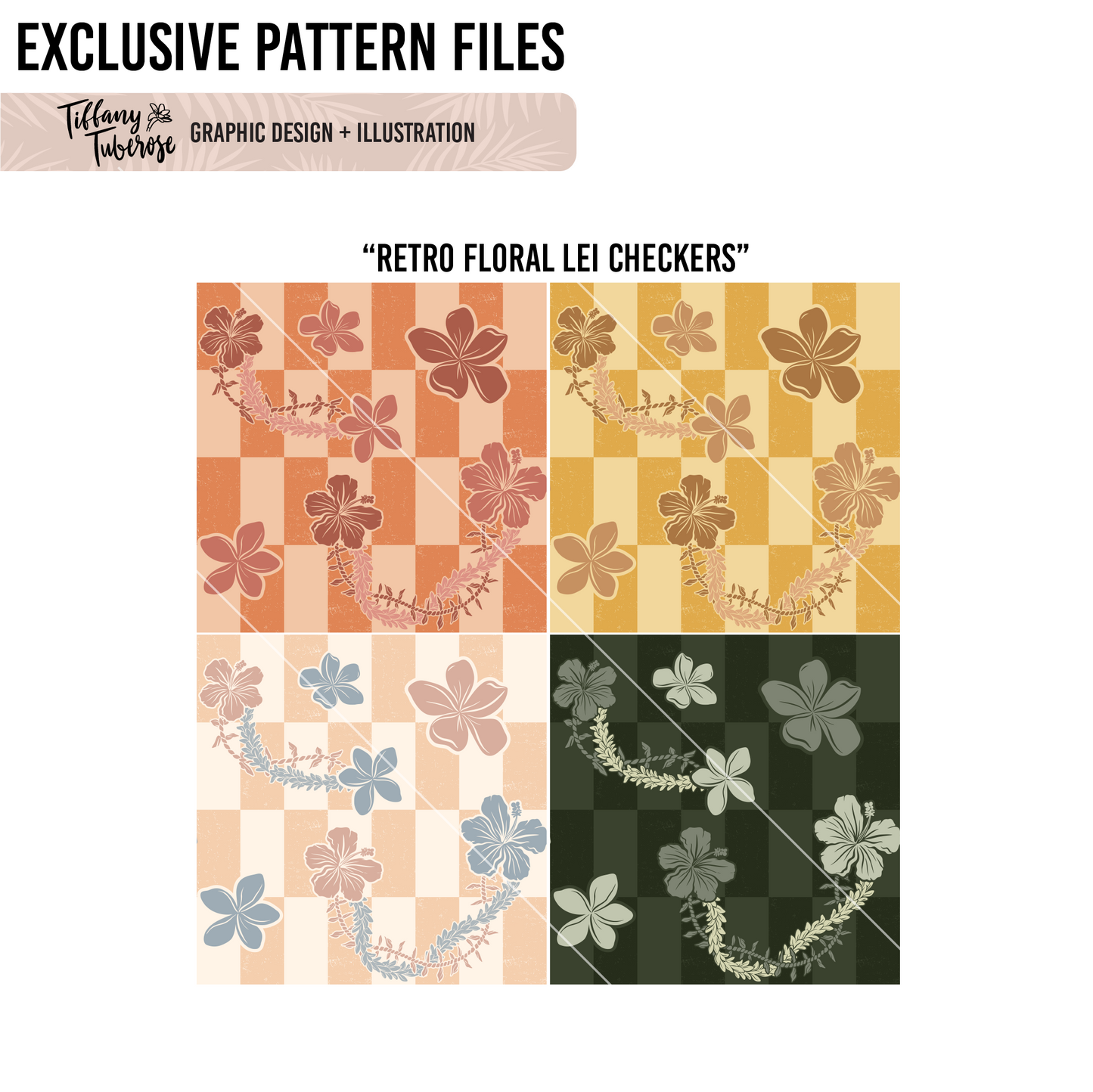 Retro Floral Lei Checkers Seamless Repeat Pattern