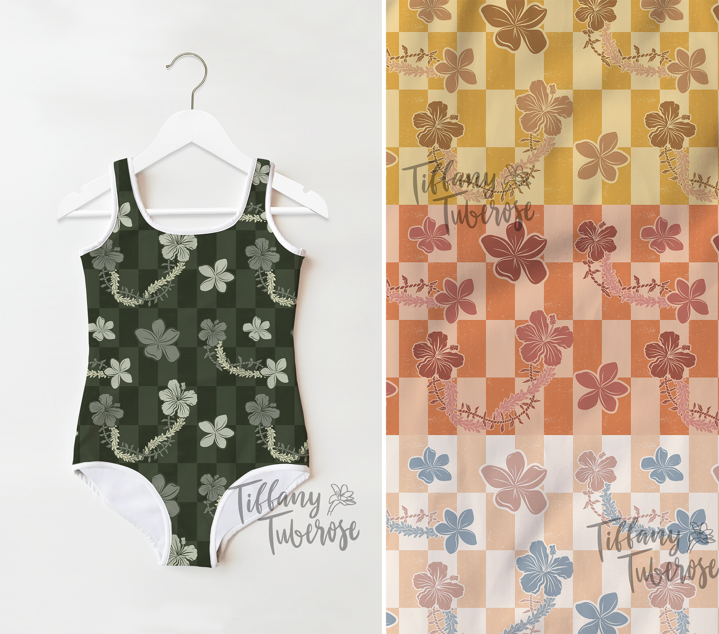 Retro Floral Lei Checkers Seamless Repeat Pattern