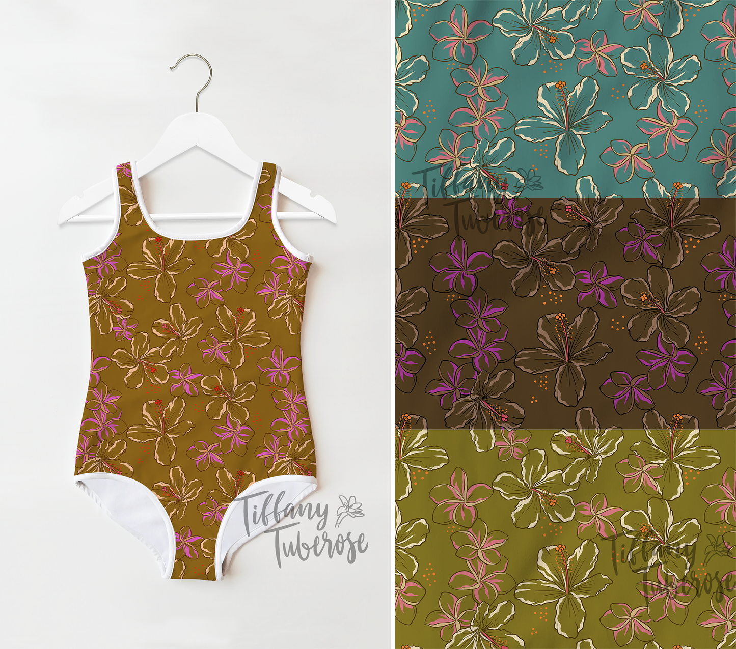 Hibiscus Waimeae & Plumeria Seamless Repeat Pattern