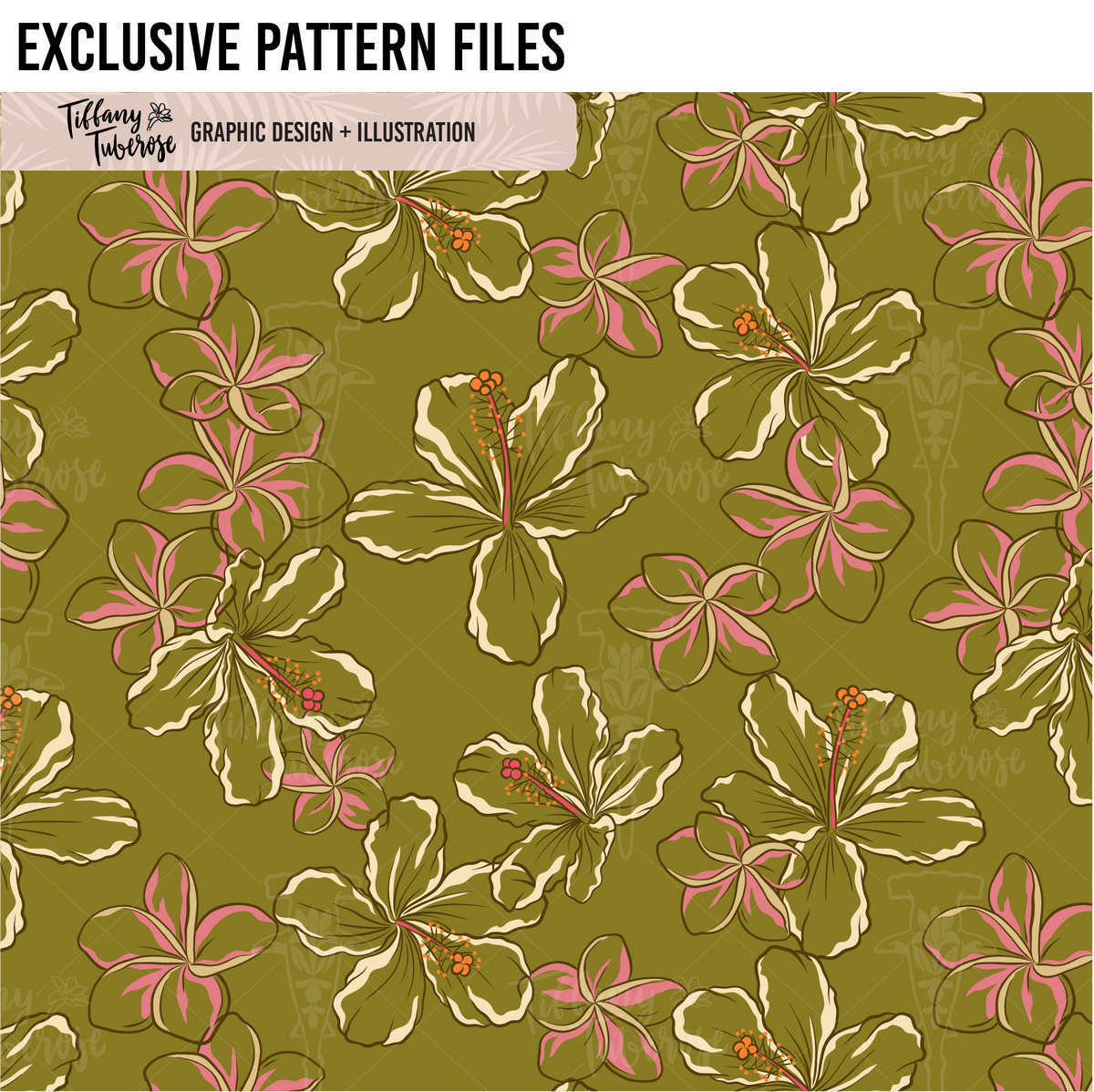 Hibiscus Waimeae & Plumeria Seamless Repeat Pattern