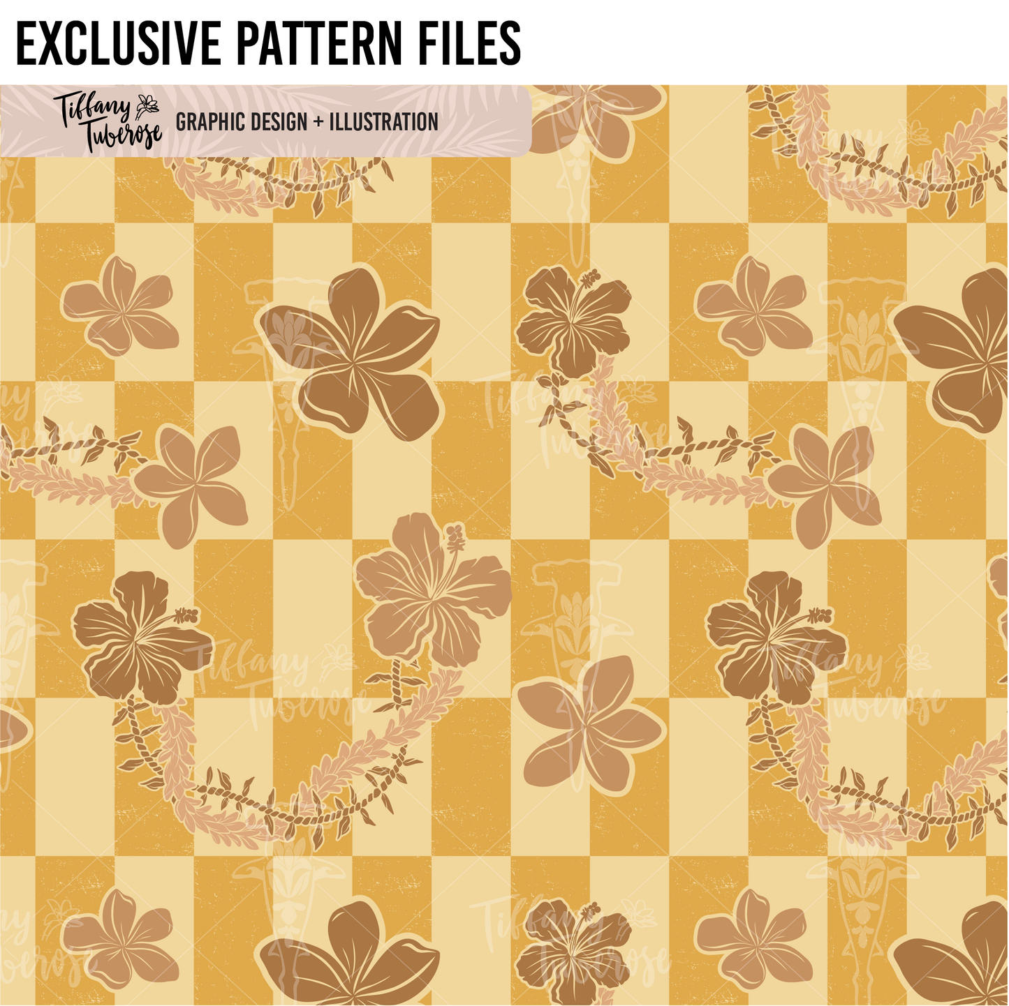 Retro Floral Lei Checkers Seamless Repeat Pattern